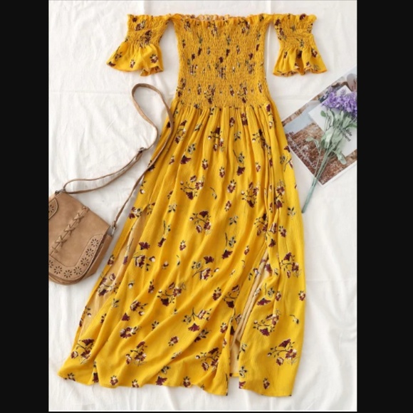 Off the Shoulder Yellow Floral Dress - Picture 1 of 3